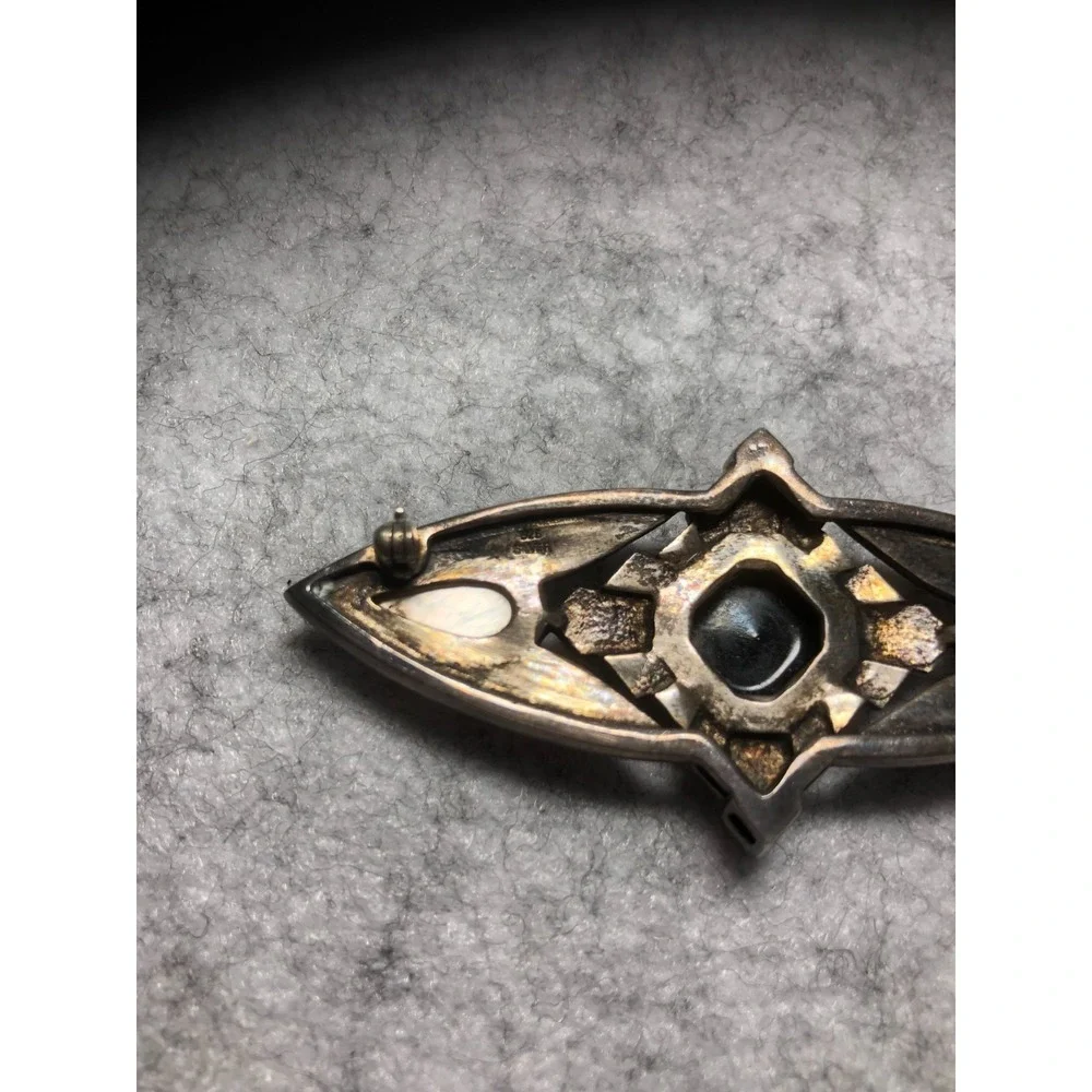 925 Sterling Silver Vintage/Antique Black Onyx ~ Pearl~Marcasite Art Deco Brooch